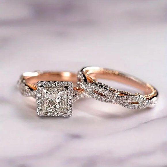 Elegant Couple Rings Inlaid Princess Cut Zircon Suitable For Men And Women Ring - Picture 1 of 4